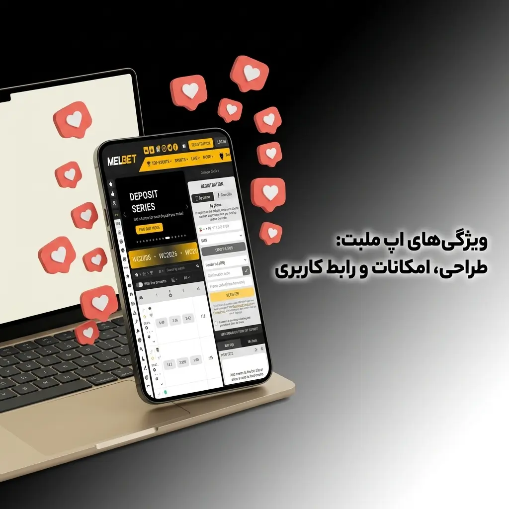 رابط کاربری اپ ملبت با طراحی سبز و مشکی، منوی پایین صفحه و دسترسی به ورزش، کازینو و پروفایل